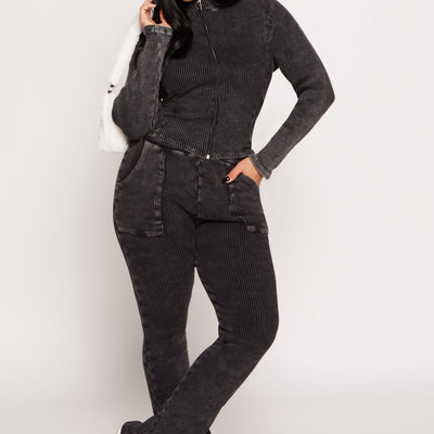 Acid Wash Rib Knit Zip Front Top