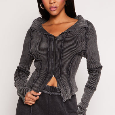Ribbed Knit Acid Wash Zip Front Top