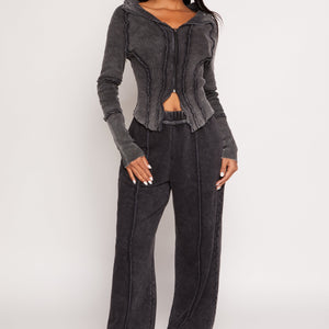 Ribbed Knit Acid Wash Zip Front Top