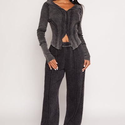 Ribbed Knit Acid Wash Zip Front Top