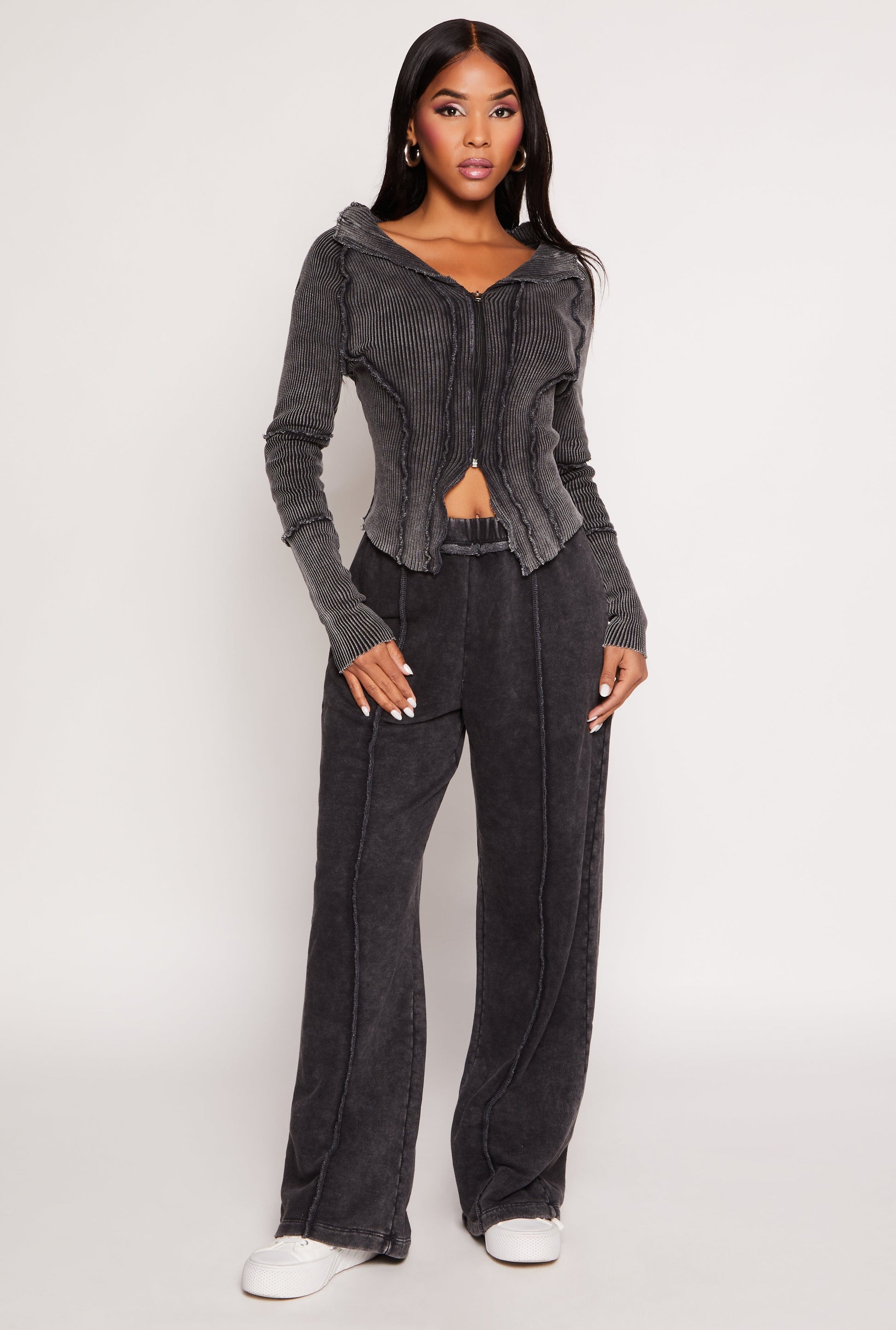 Ribbed Knit Acid Wash Zip Front Top