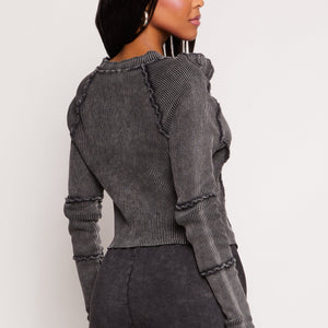 Ribbed Knit Acid Wash Zip Front Top