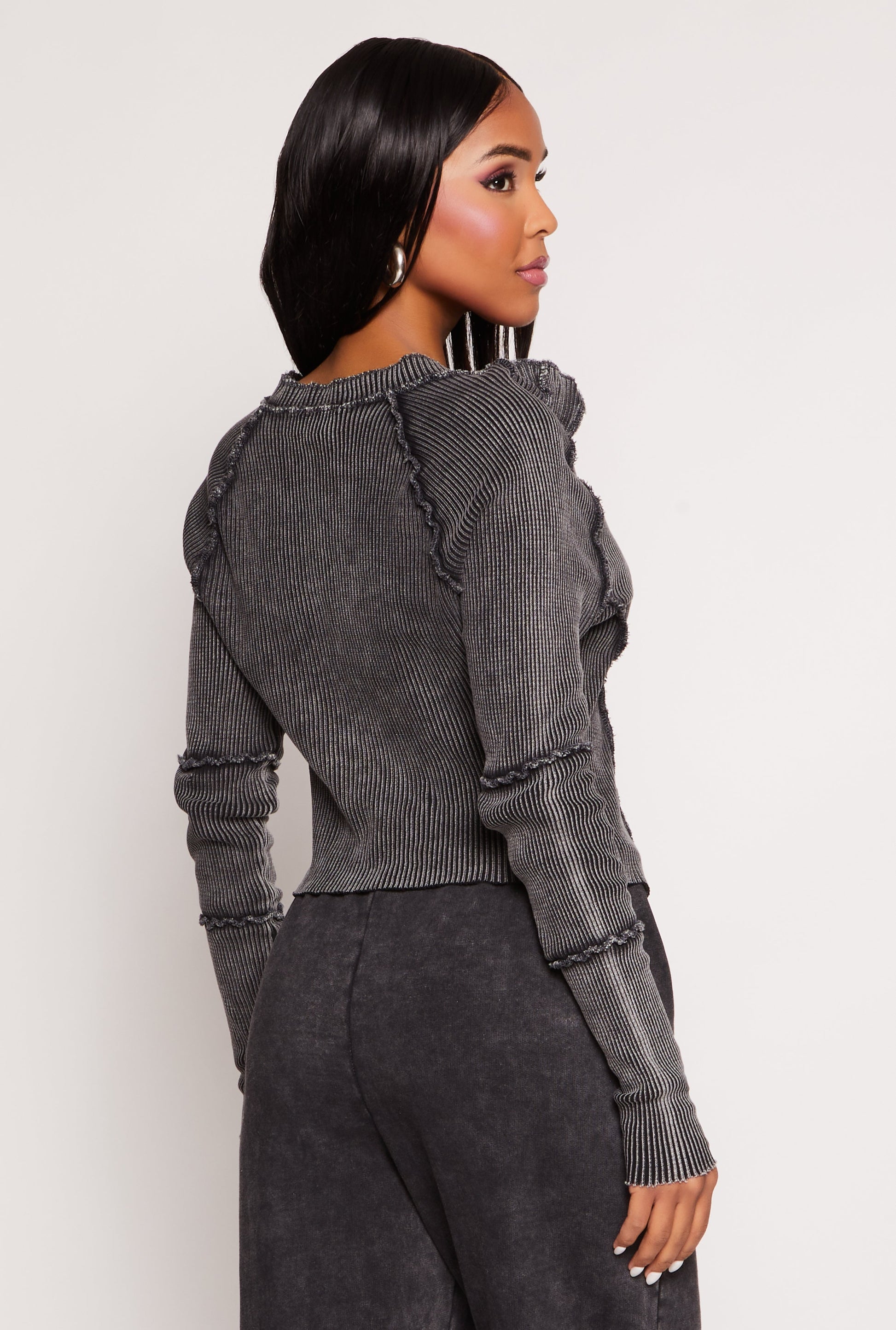 Ribbed Knit Acid Wash Zip Front Top