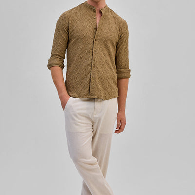 Light Brown Mandarin Self-Design Shirt