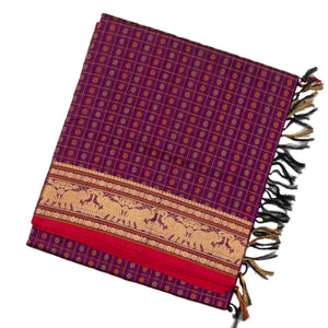 Purple Handloom Silk Cotton Saree With Checks & Kamalam Motifs