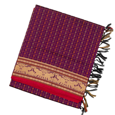 Purple Handloom Silk Cotton Saree With Checks & Kamalam Motifs