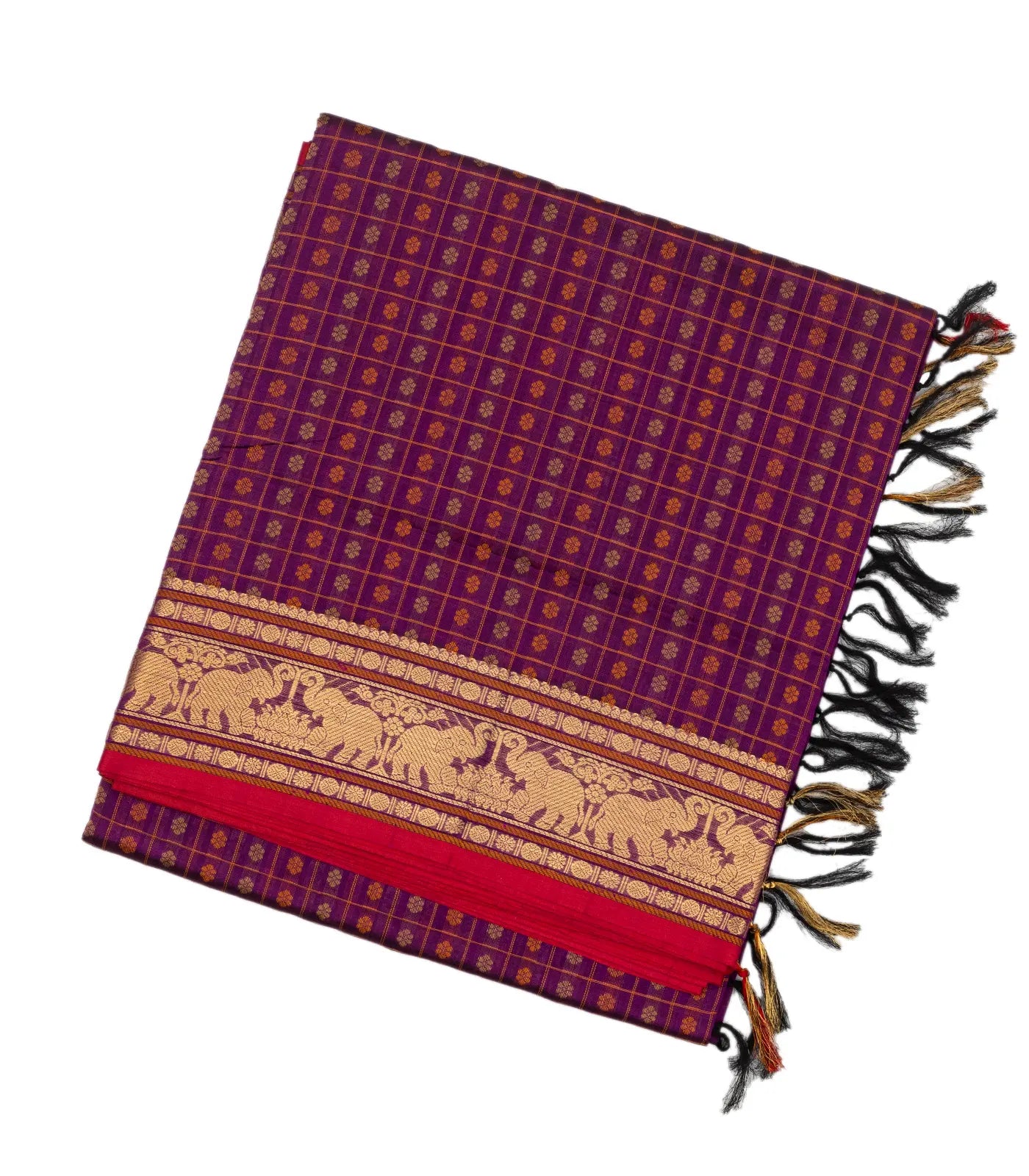 Purple Handloom Silk Cotton Saree With Checks & Kamalam Motifs