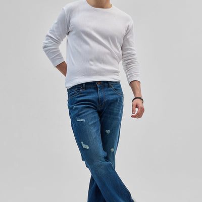 Denim Blue Distressed Bootcut Jeans