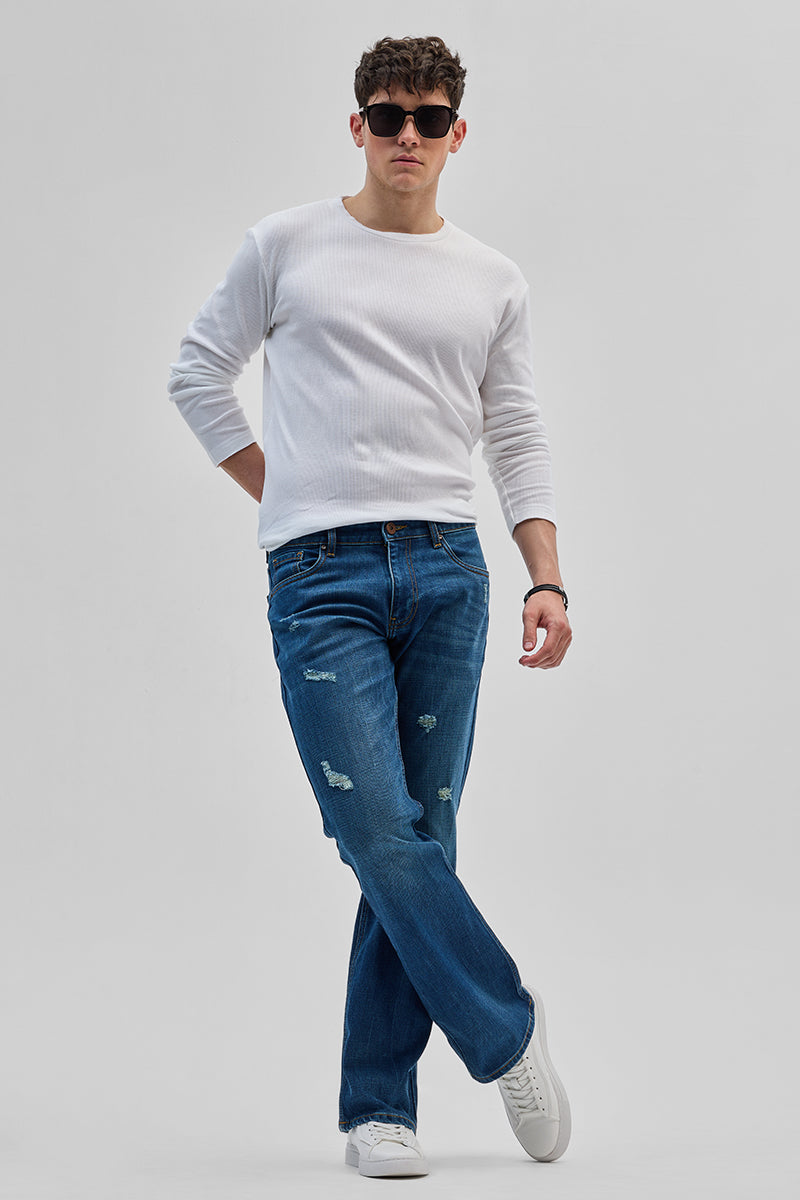 Denim Blue Distressed Bootcut Jeans