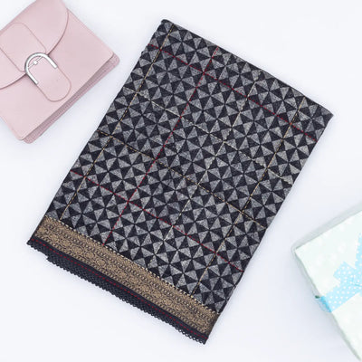 Dark Grey Handloom Tussar Silk Saree Printed With Triangle Motifs