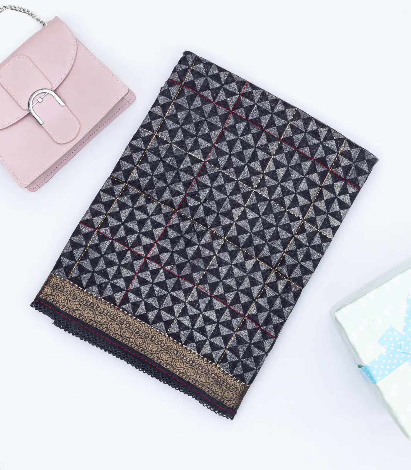 Dark Grey Handloom Tussar Silk Saree Printed With Triangle Motifs