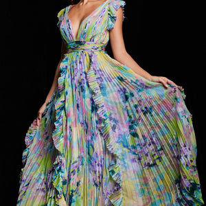 Jovani 34412 Pleated A Line Long Formal Floral Ruffle Dress