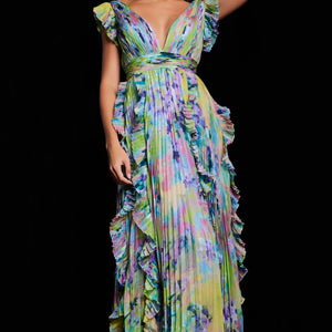 Jovani 34412 Pleated A Line Long Formal Floral Ruffle Dress