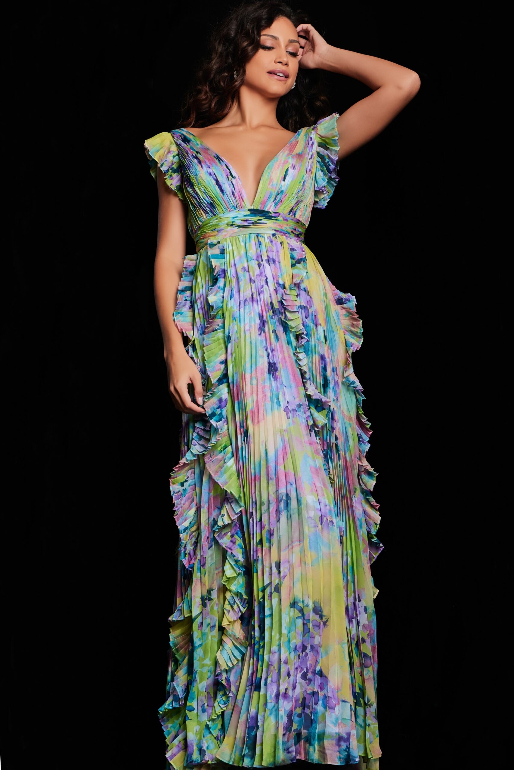 Jovani 34412 Pleated A Line Long Formal Floral Ruffle Dress