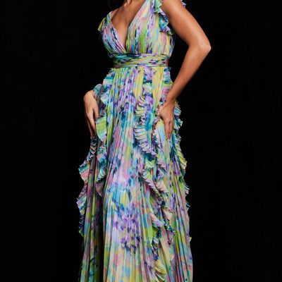 Jovani 34412 Pleated A Line Long Formal Floral Ruffle Dress