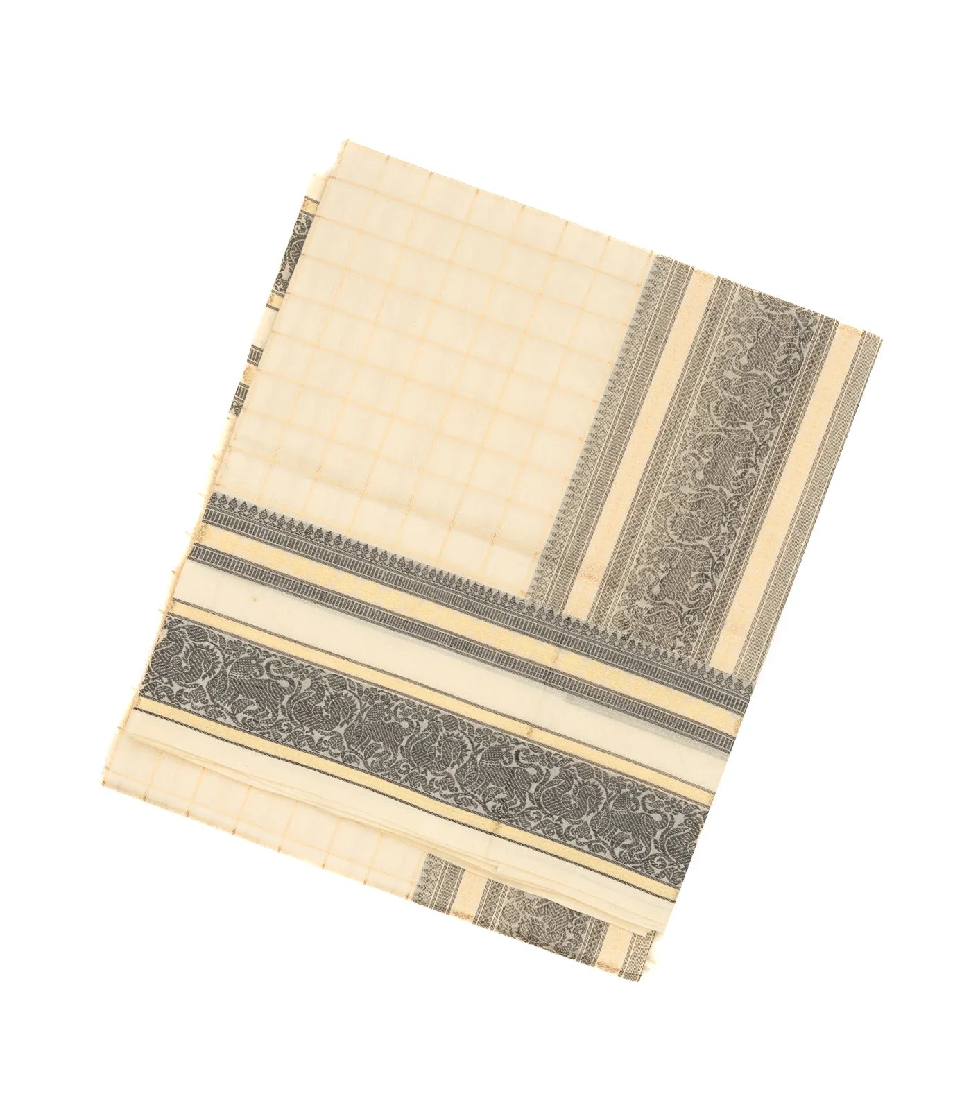 Cream Handloom Silk Cotton Saree With Checks & Contrast Border