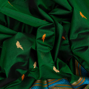 Dark Green Handloom Silk Cotton Saree With Parrot Buttas