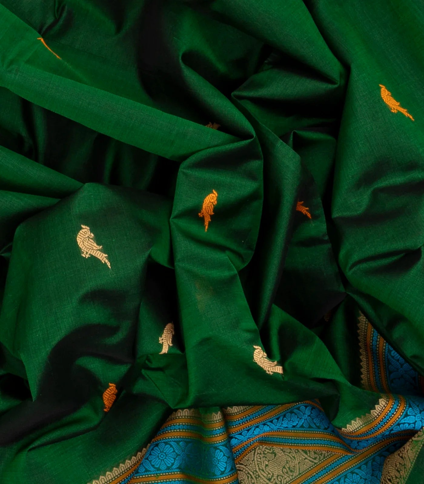 Dark Green Handloom Silk Cotton Saree With Parrot Buttas