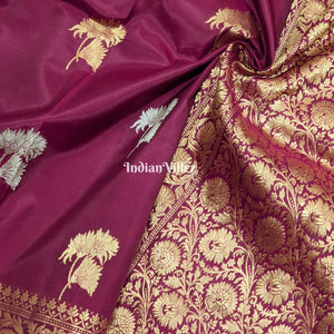 Wine Floral Designer Katan Silk Banarasi Saree
