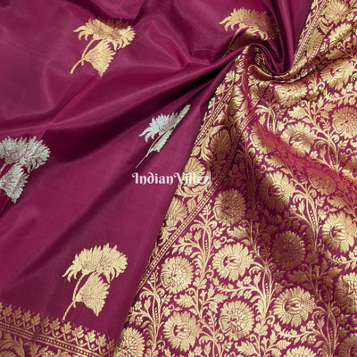 Wine Floral Designer Katan Silk Banarasi Saree