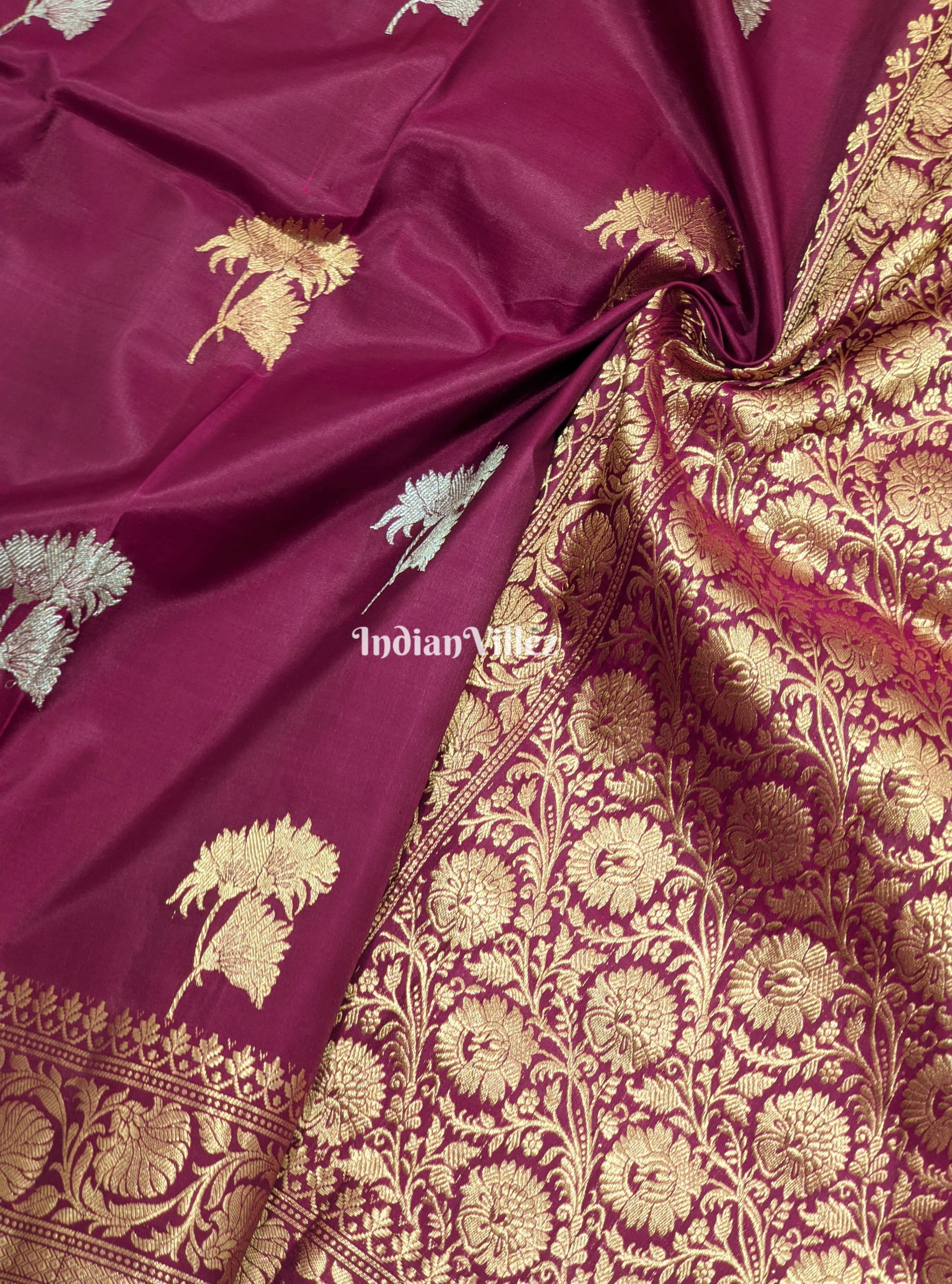 Wine Floral Designer Katan Silk Banarasi Saree