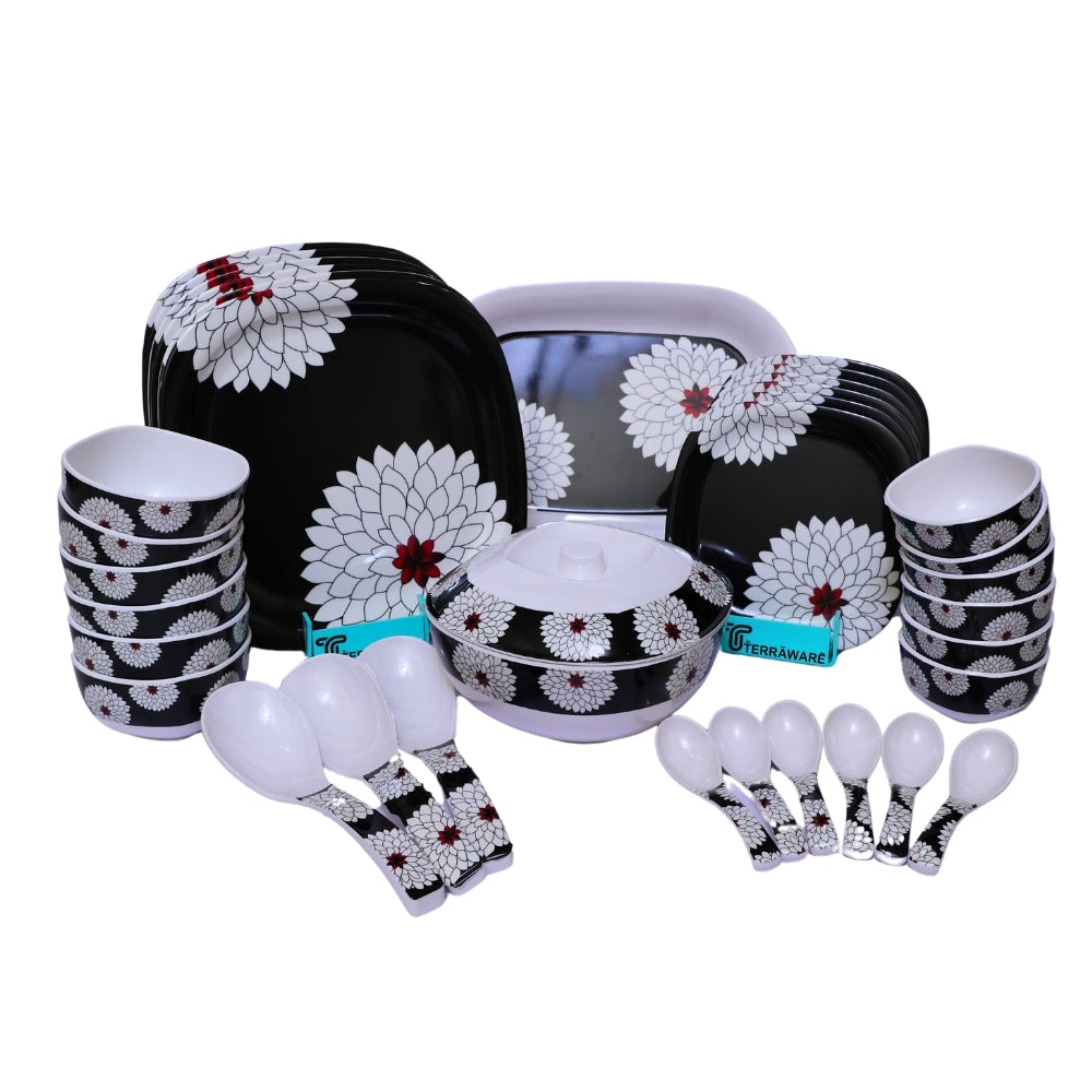 Terraware Melamine Black Magic Square Dinner Set | Set of 31 Pcs