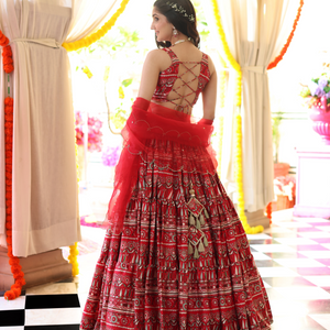 Red Hibiscus Haven Printed Satin Lehenga Set