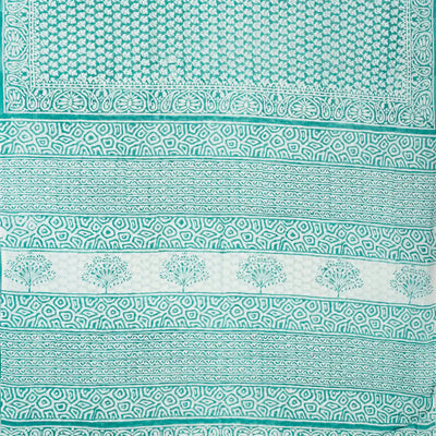Turquoise Woven Jaipur Cotton Saree Printed With White Floral Motifs