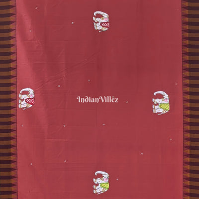 Brick Red Kandarpa Hati (Elephant) Hand-Painted Pattachitra Saree