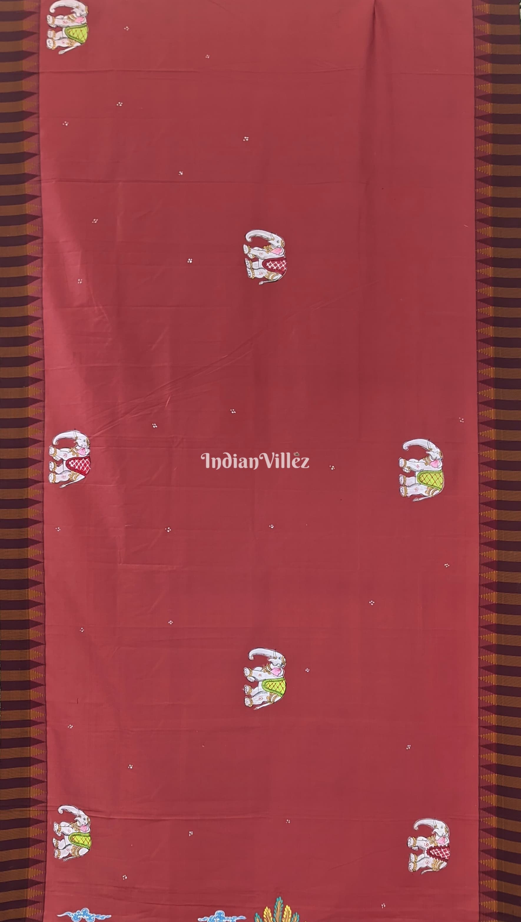 Brick Red Kandarpa Hati (Elephant) Hand-Painted Pattachitra Saree