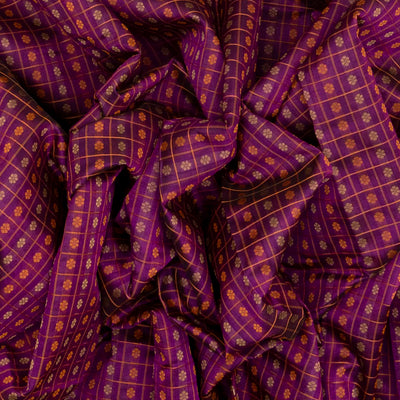 Purple Handloom Silk Cotton Saree With Checks & Kamalam Motifs
