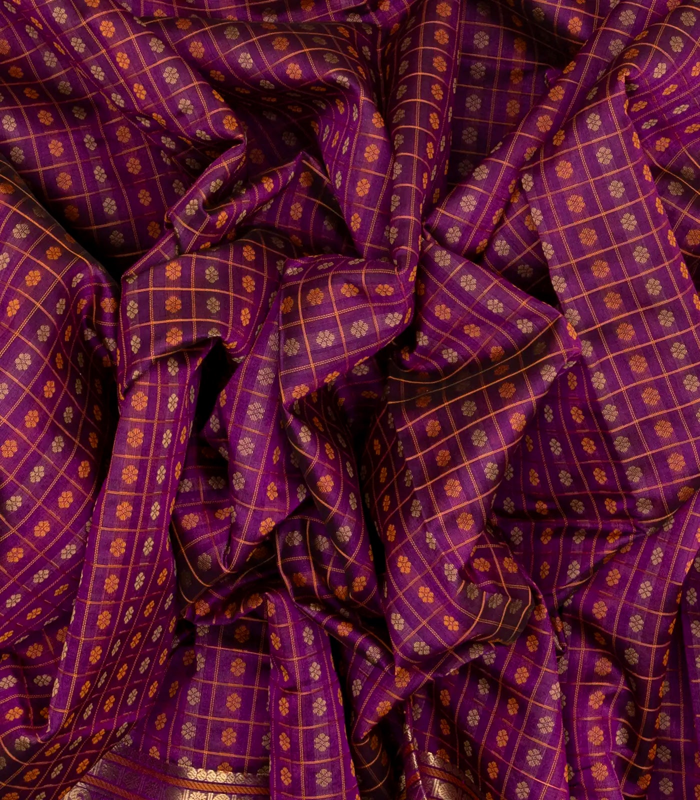 Purple Handloom Silk Cotton Saree With Checks & Kamalam Motifs