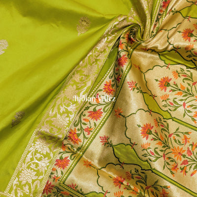 Lime Green Designer Banarasi Katan Silk Saree