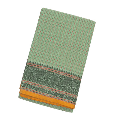 Shadow Green Handloom Kanchi Cotton Saree With Checks & Square Motifs.