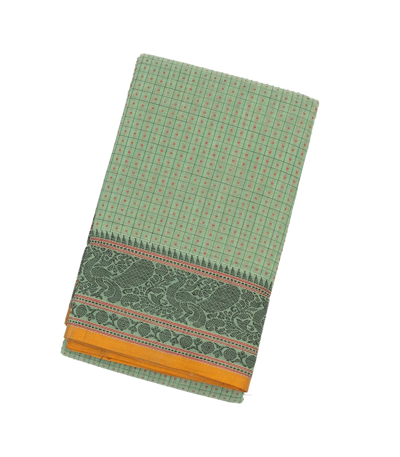 Shadow Green Handloom Kanchi Cotton Saree With Checks & Square Motifs.