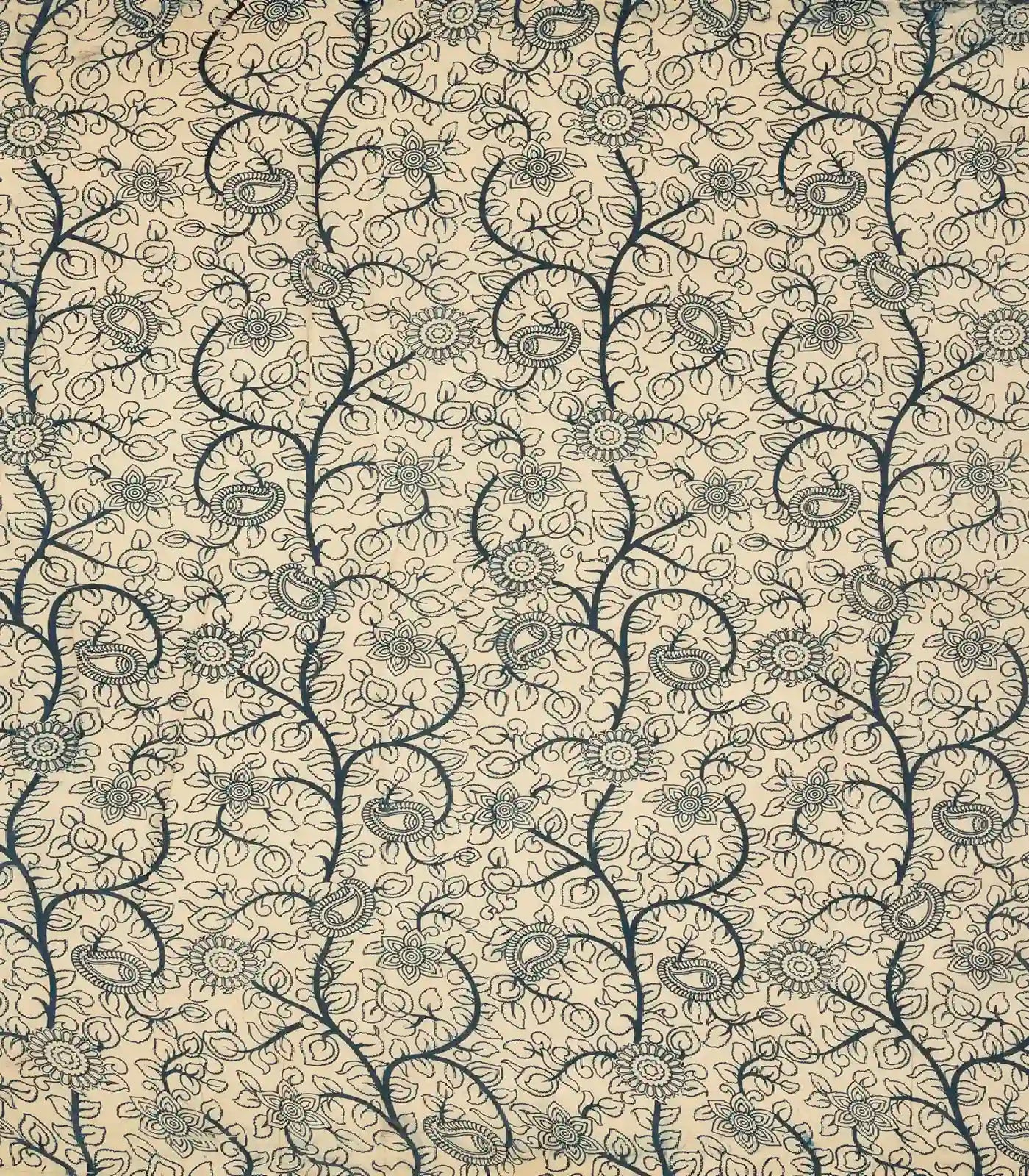 Cream Cotton Saree With Blue Kalamkari Print