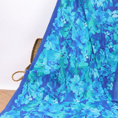 Blue floral digital printed crepe saree with contrast plain border