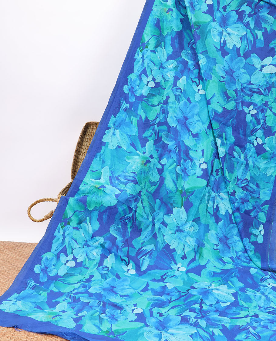Blue floral digital printed crepe saree with contrast plain border