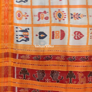 White Yellow Nabakothi Khandua Silk Saree with Animal Anchal