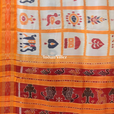 White Yellow Nabakothi Khandua Silk Saree with Animal Anchal