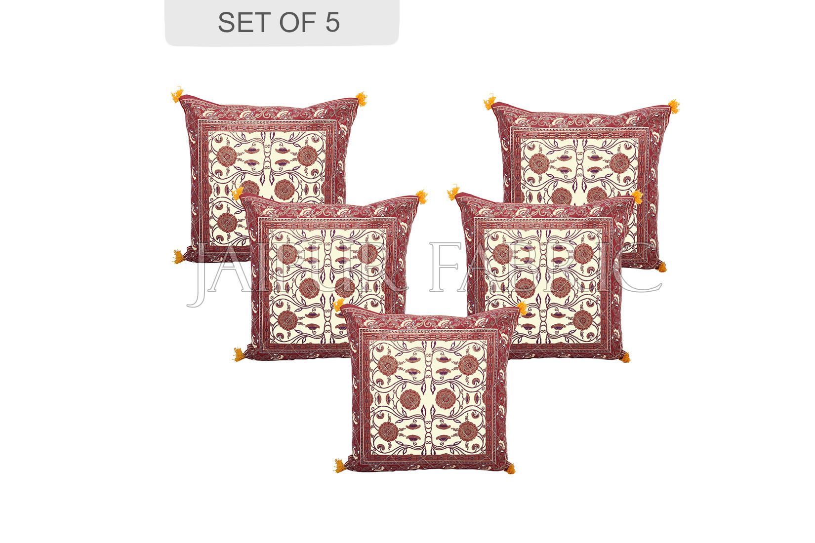Cream Base with Brown Border Tropical Design Cotton Cushion Cover