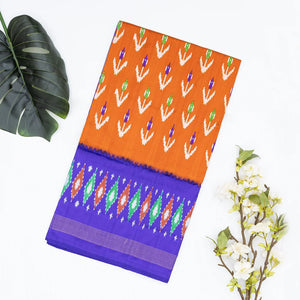 Orange Handloom Ikat Silk Saree With Contrast Purple Border