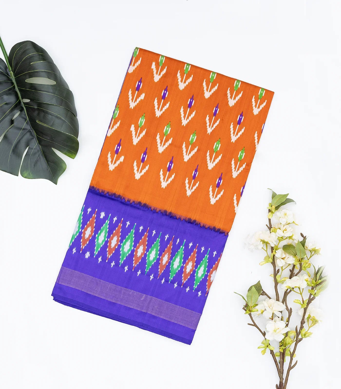 Orange Handloom Ikat Silk Saree With Contrast Purple Border