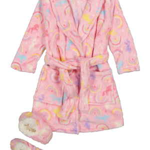 Toddler Girls Rainbow Print Bath Robe with Sherpa Slippers