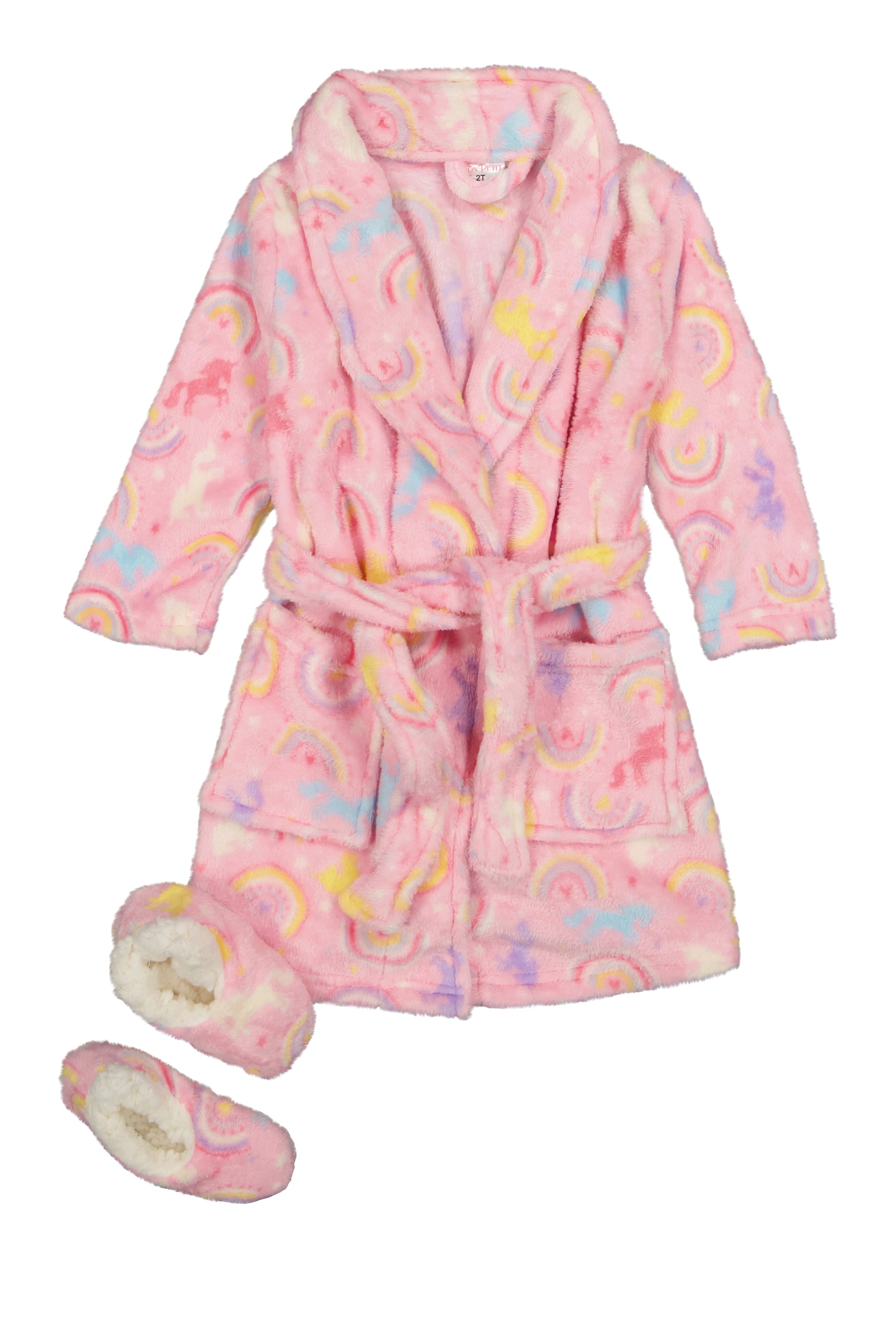 Toddler Girls Rainbow Print Bath Robe with Sherpa Slippers