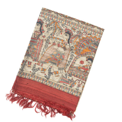 Taupe Handloom Tussar Silk Saree With Printed Crimson Floral Motifs