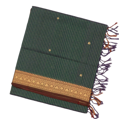 Bottle Green Handloom Silk Cotton Saree With Checks & Buttas