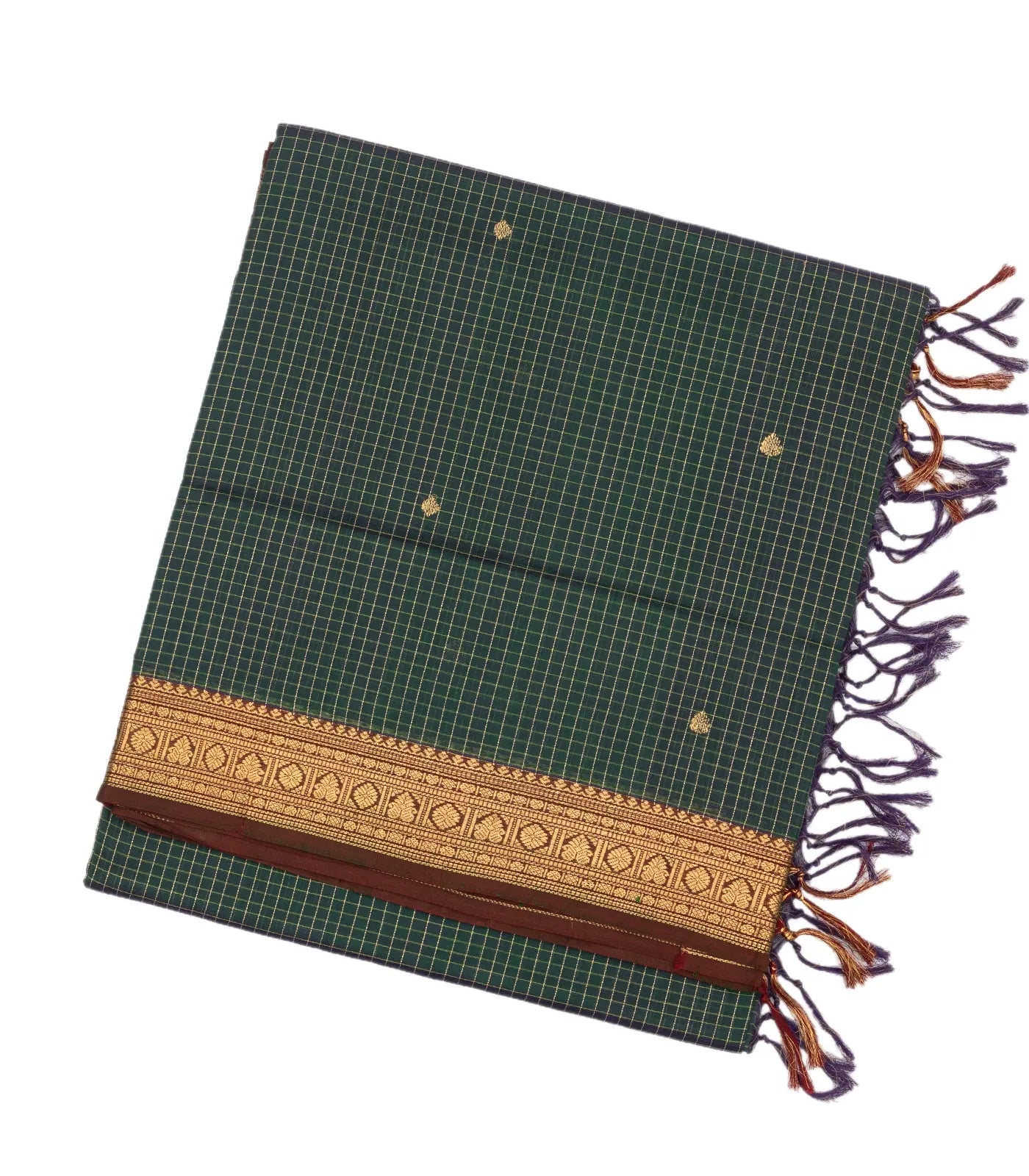 Bottle Green Handloom Silk Cotton Saree With Checks & Buttas
