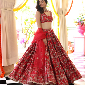 Red Hibiscus Haven Printed Satin Lehenga Set