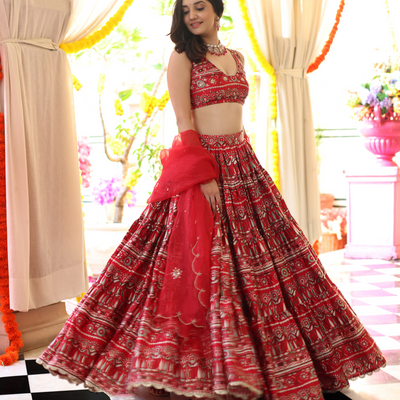 Red Hibiscus Haven Printed Satin Lehenga Set